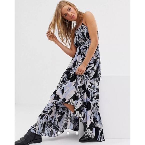 FREE PEOPLE Heat Wave Printed Maxi Floral Slip Dress Black & Blue, Size Small - Picture 2 of 13